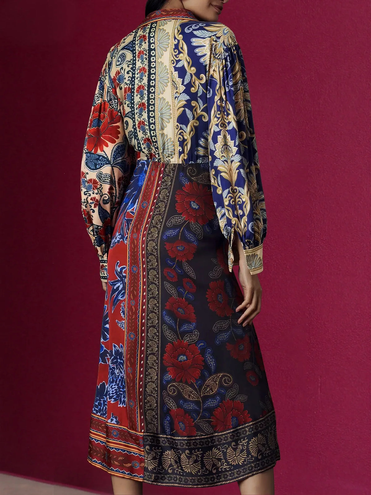 Floral Print Collar V‑Neck Long Sleeve Midi Dress