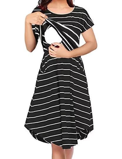 Maternity Care Striped Pregnant Pajamas Breastfeed Dress