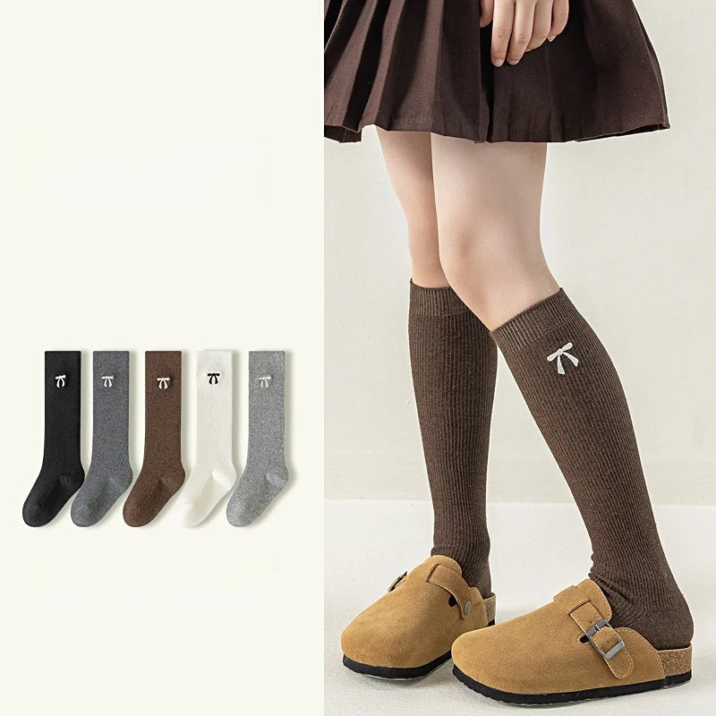 Spring Autumn Girls Knee High Socks Cotton Bow Socks for 3-12Y