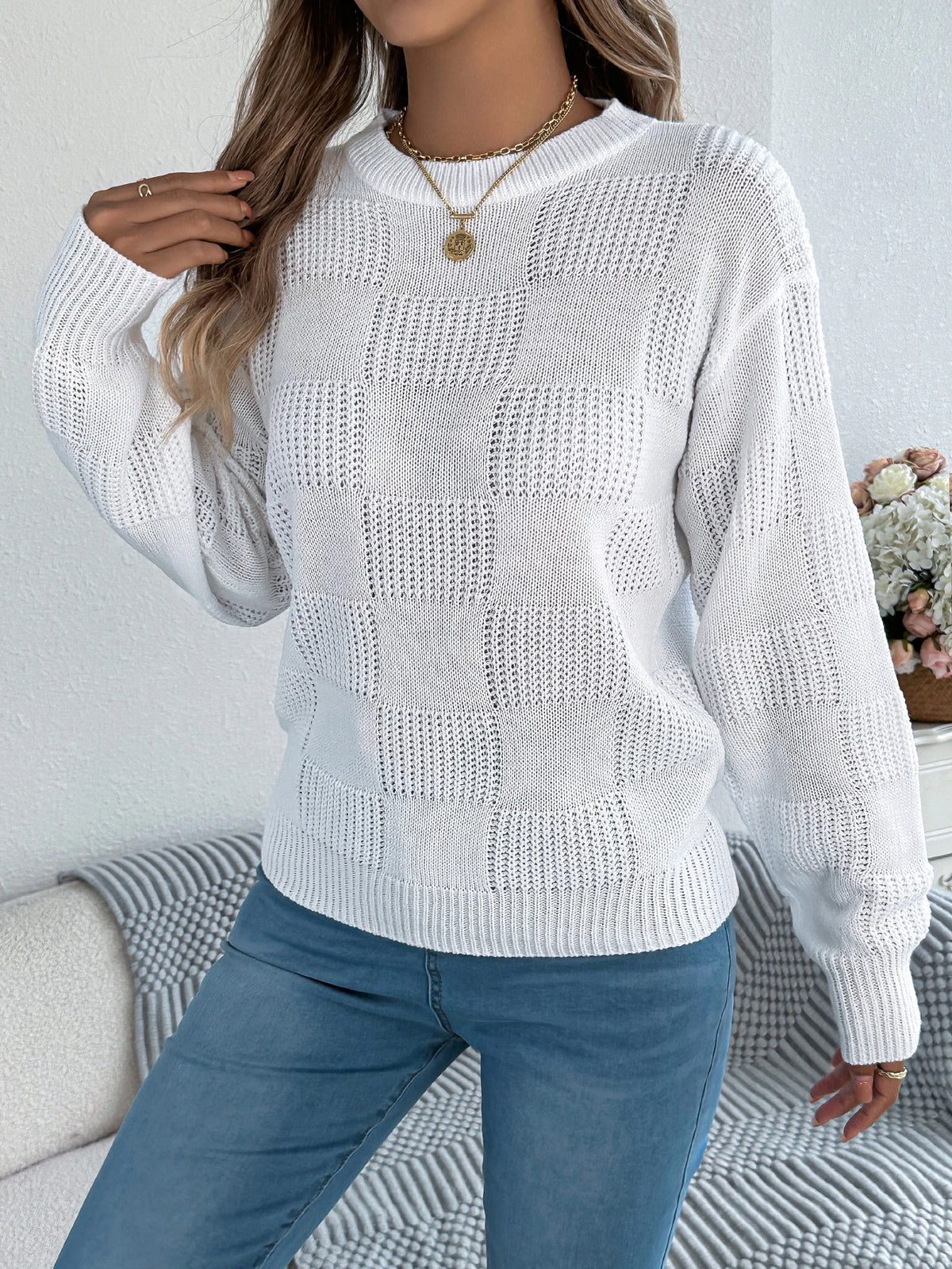 Solid Plaid Round Neck Long Sleeve Knit Cozy Sweaters