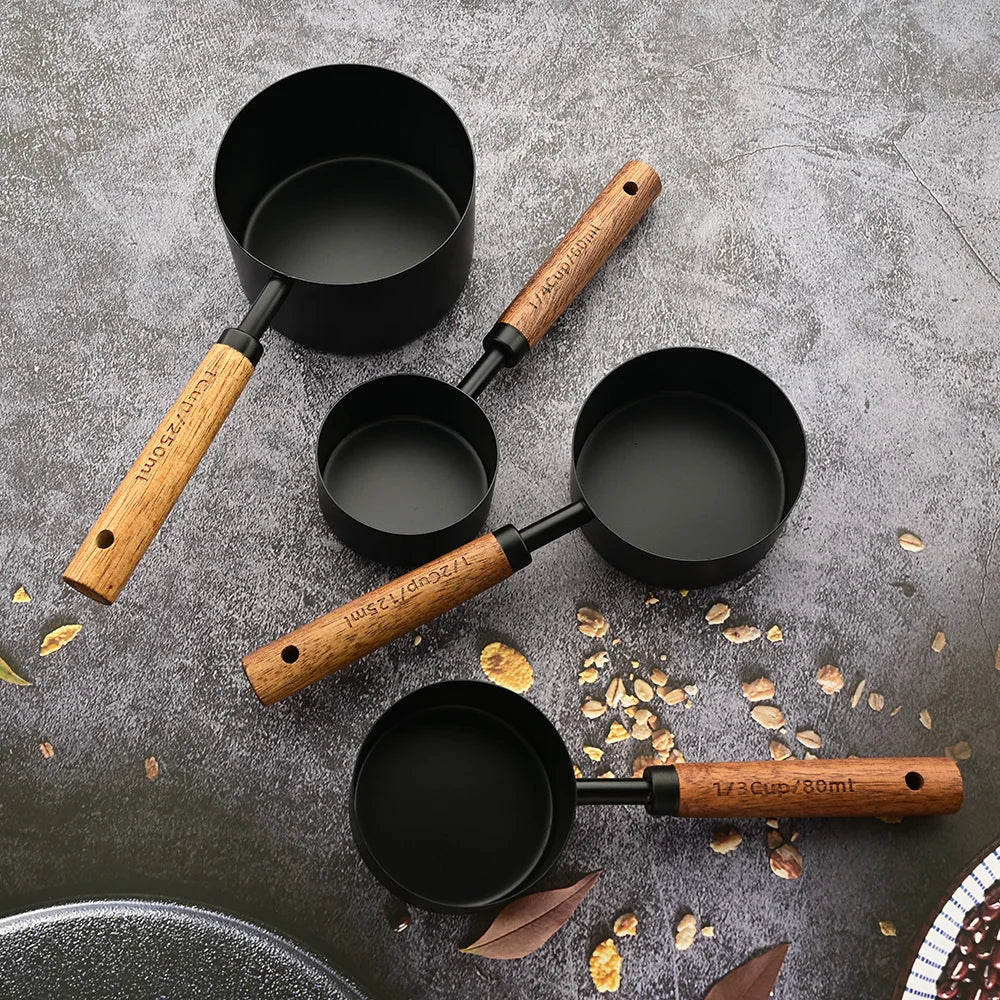 Wooden Handle Stainless Steel Measuring Cups Spoons