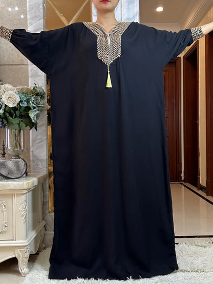 Muslim Long Sleeve Cotton With Big Scarf African Abaya