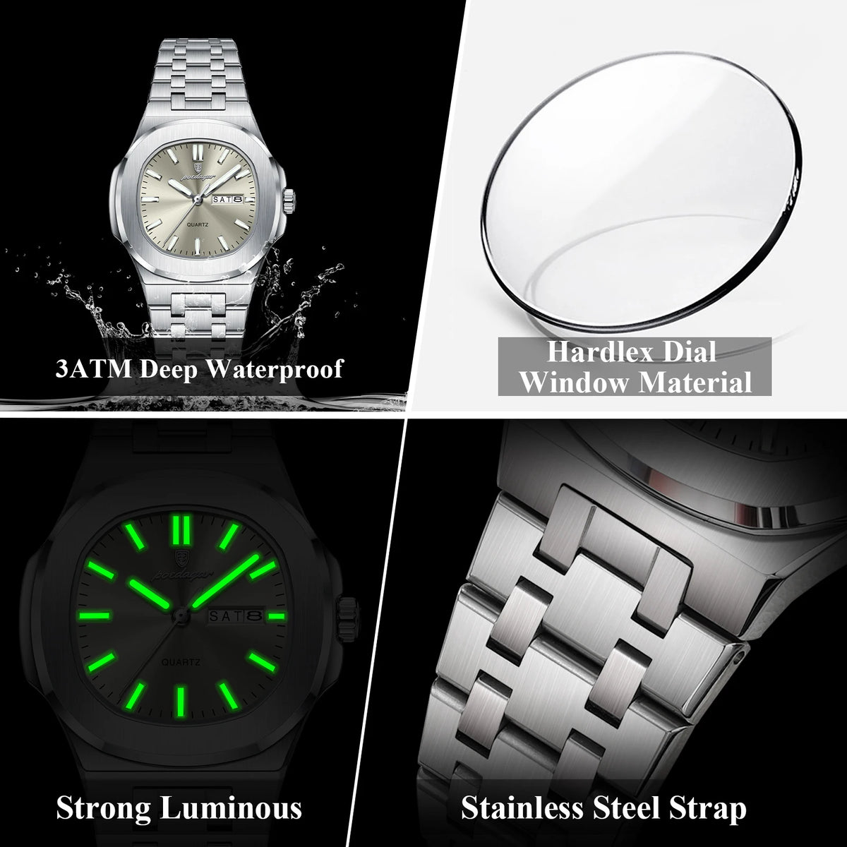 Square Date Week Waterproof Luminous Stainless Steel Quartz Watches
