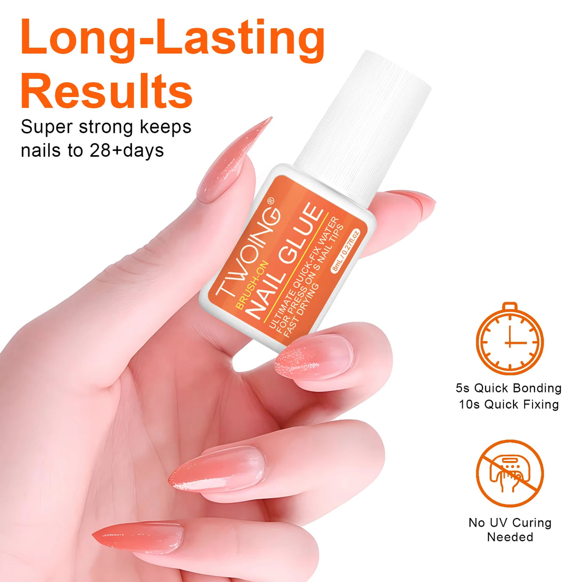 Twoing Waterproof Liquid Nail Adhesive,Long-Lasting & Fast-Drying Formaldehyde-Free Compatible with Acrylic Nails Fake Nails