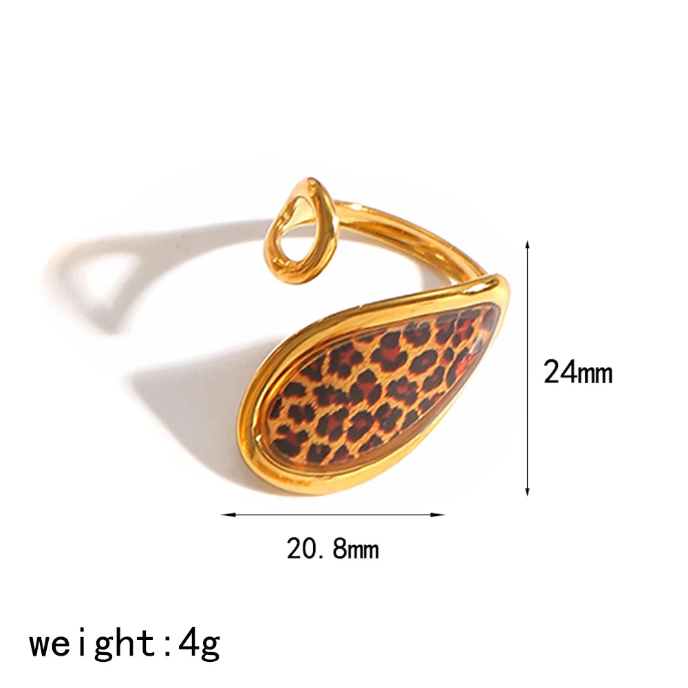 Stainless Steel Retro Geometric Leopard Pattern Adjustable 18K Gold Rings