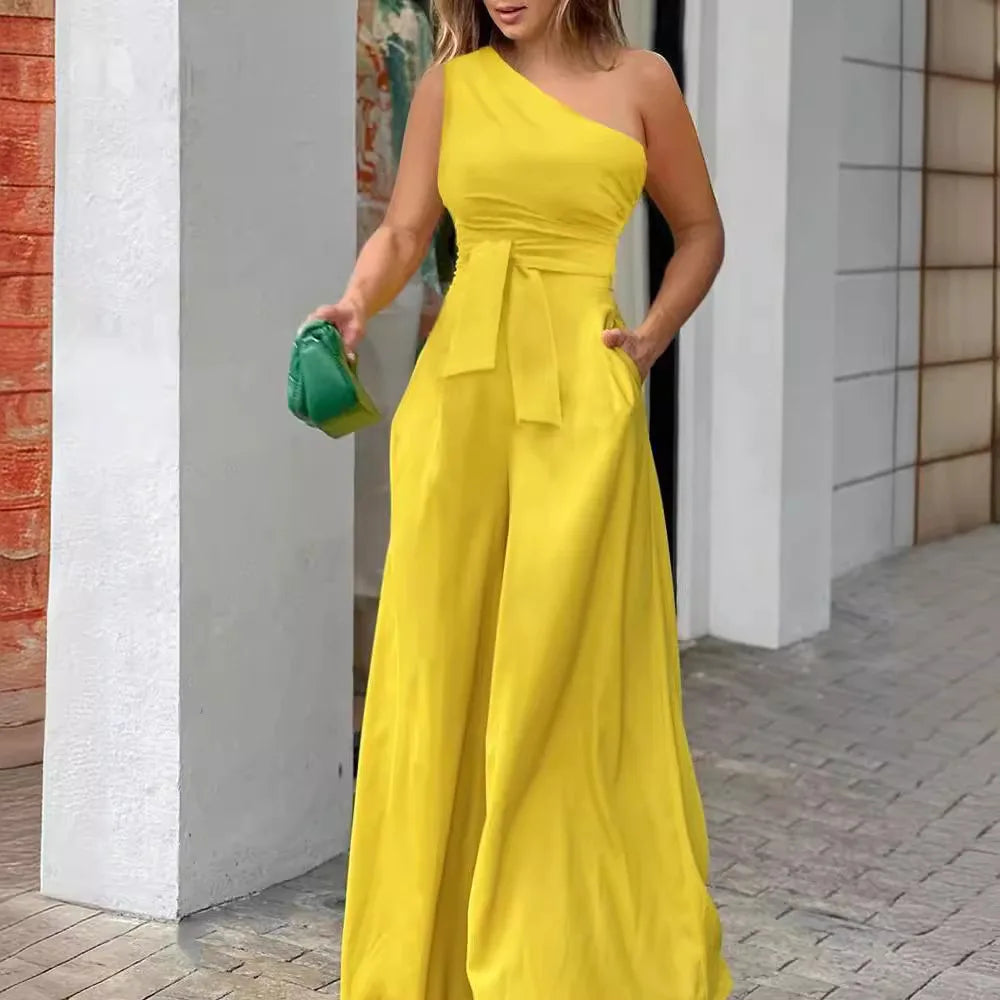 Irregular Off Shoulder Casual High Waist Wide Leg Jumpsuit