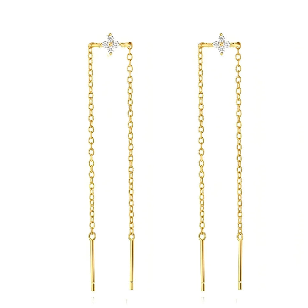 925 Sterling Silver Three Zircon Drop Long Chain Gold Hoop Buckle Piercing Earrings