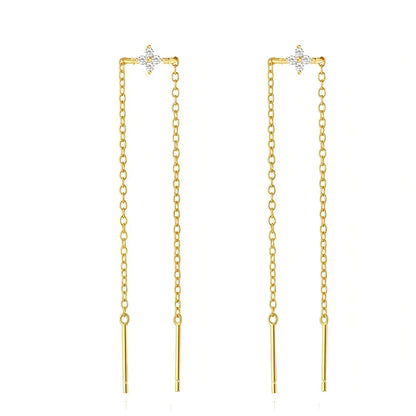 925 Sterling Silver Three Zircon Drop Long Chain Gold Hoop Buckle Piercing Earrings
