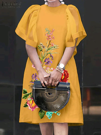 Mesh Patchwork Sundress Mini Ruffle Short Sleeve Dress