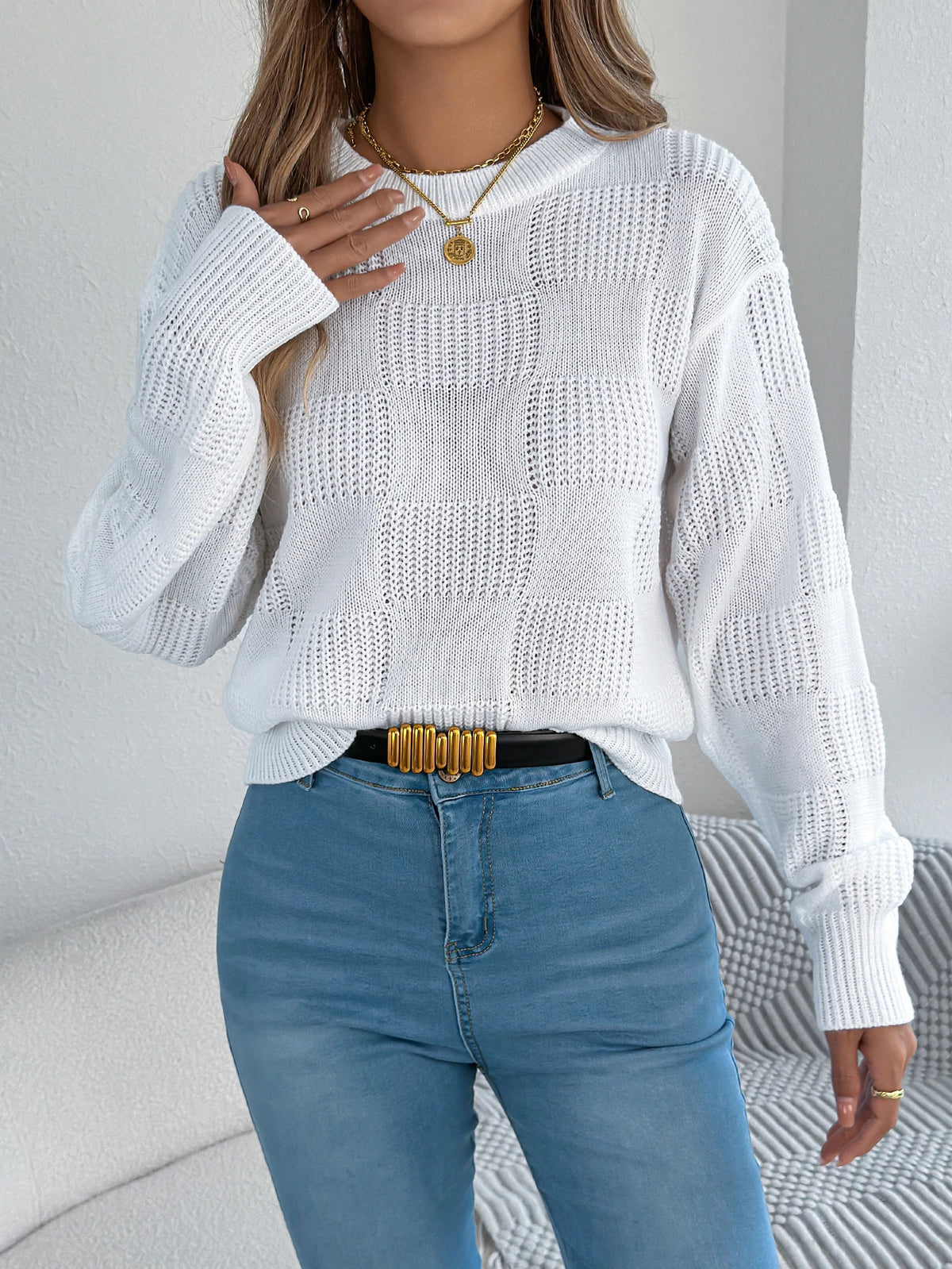 Solid Plaid Round Neck Long Sleeve Knit Cozy Sweaters