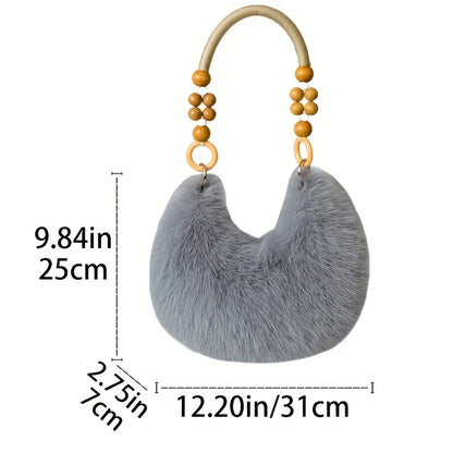Plush Faux Tote Bead Accented Strap Zipper Closure Elegant Handbags