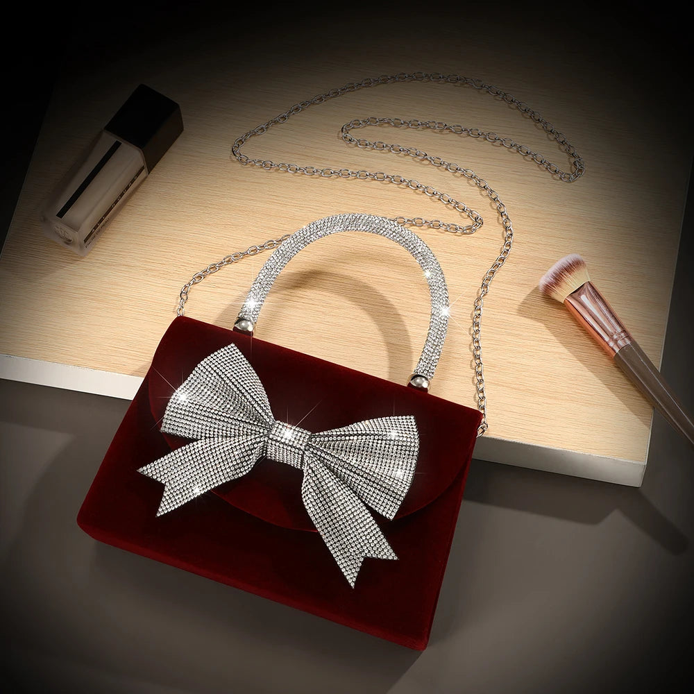 Velvet bow rhinestone handbag luxurious shoulder bag