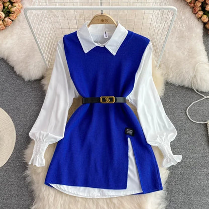 Chic Age-Reducing Long Sleeve White Shirt Sweater Loose Fit Knit Vest Pullover Set