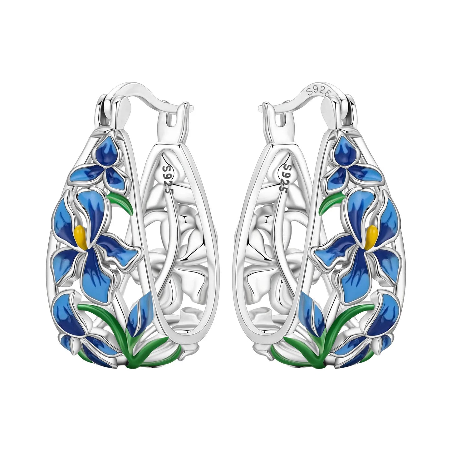 Orstarry Original 925 Sterling Silver Blue Iris Flower Earrings