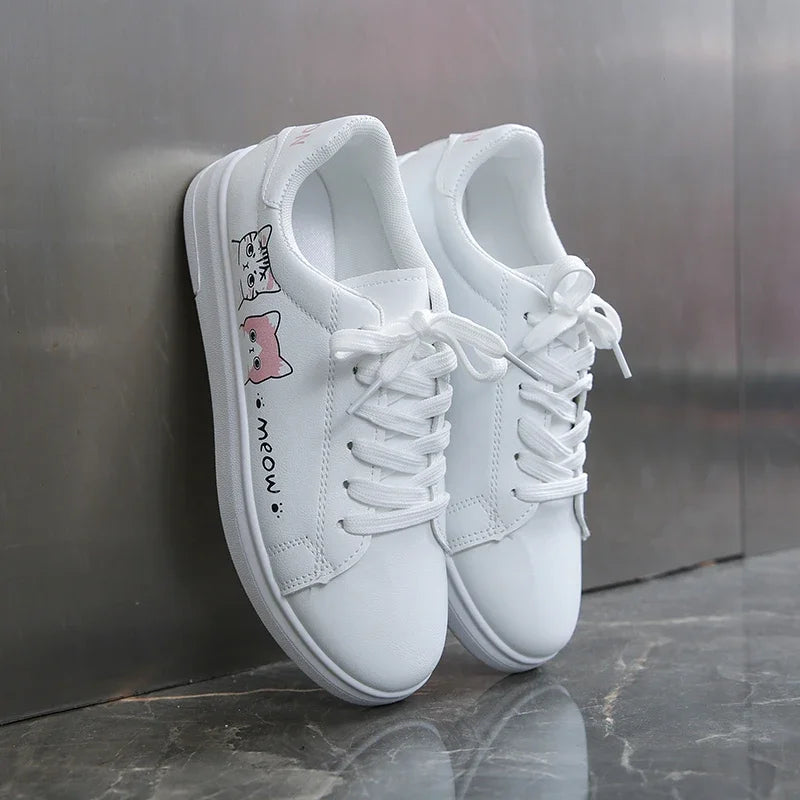 Breathable Vulcanized Cute Cat Cartoon Lace Casual Sneakers