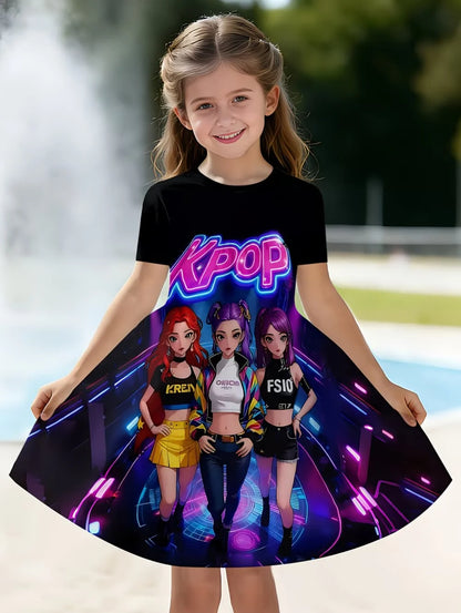 Kpop Cartoon Graphic Short Sleeve Dress