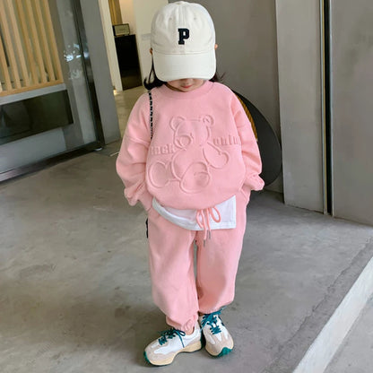 3-8 Years Casual Spring Autumn Cartoon Bear Print Long Sleeved Outfit Set