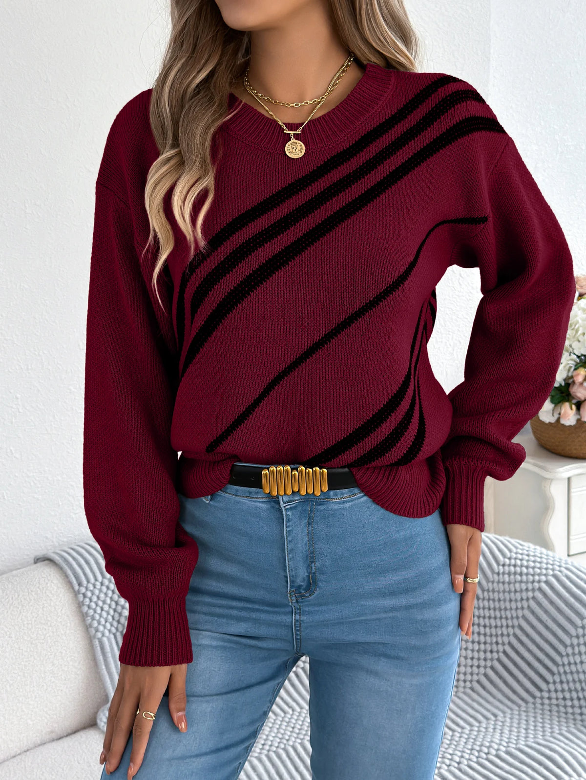 Twill Texture Color Block Round Neck Long Sleeve Cabin Core Knit Pullover