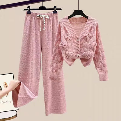 Korean Sweet Bow Outfit Long Sleeve Cardigan Knitwear Wide Leg Pants Set