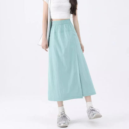 Loose Fit Thin Pants High Waist Slit Korean Midi Cargo skirt