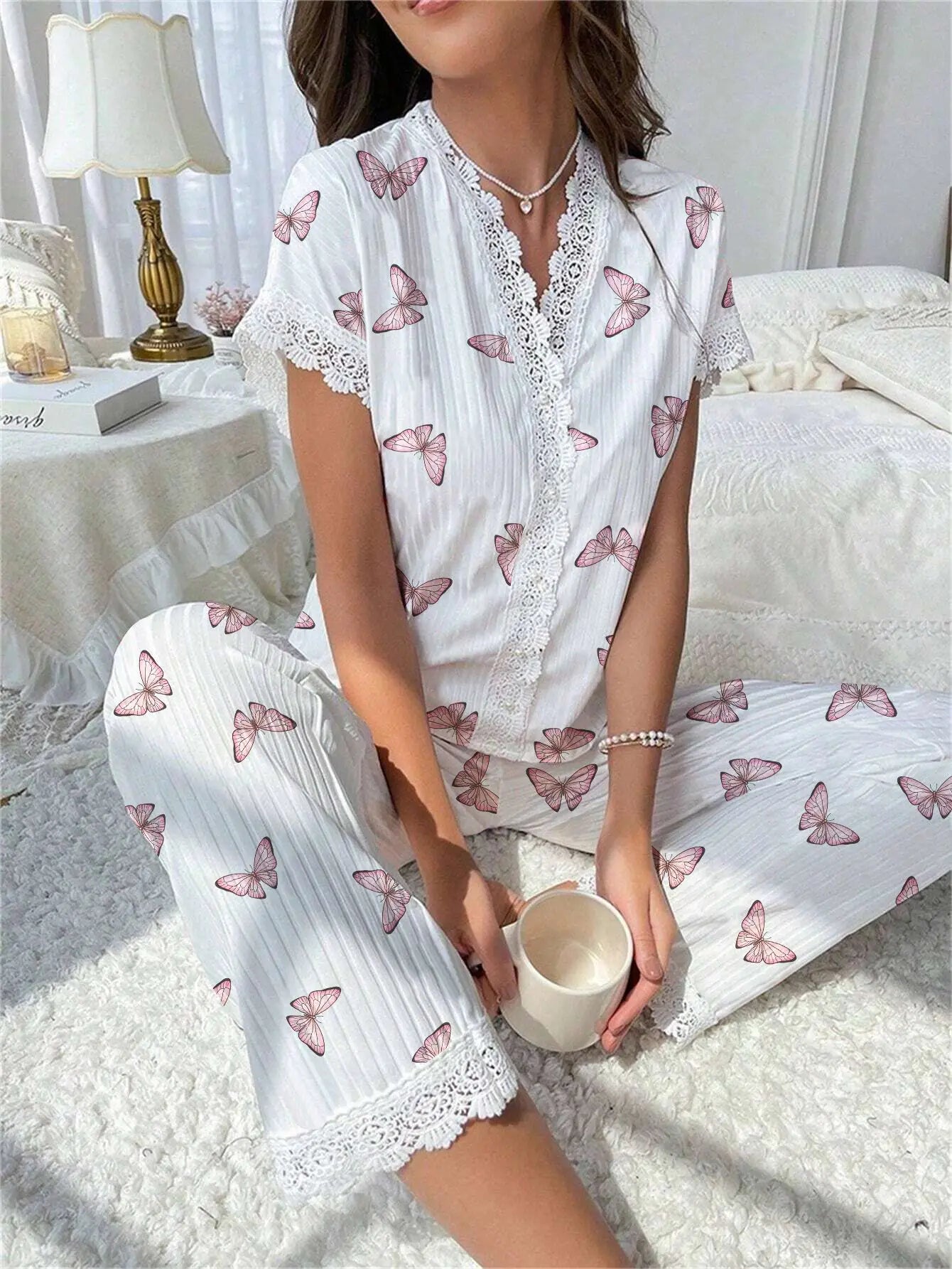 Lace Short Sleeve Cherry Sleepwear Pajama Set
