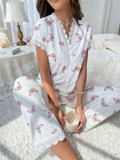 Lace Short Sleeve Cherry Sleepwear Pajama Set