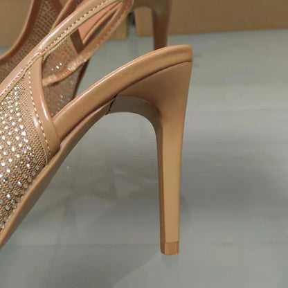 Luxury Pointed Toe Bright Rhinestone Mesh High Heeled Elegant Shoes