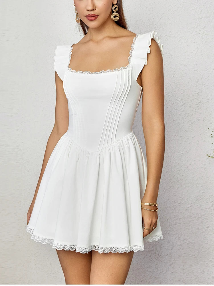 Sexy Square-neck Mini Y2K Elegant Ruffles Sleeveless Slim Dress