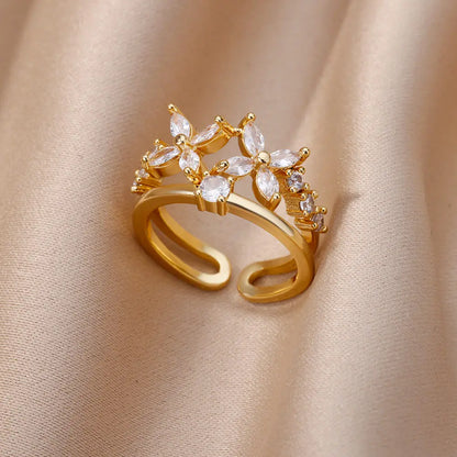 خواتم من الفولاذ المقاوم للصدأ على شكل زهرة من الزركون الأبيض