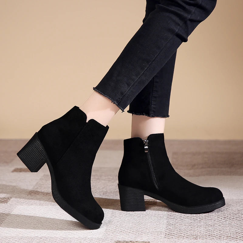 High-heeled ankle elegant round toe warm winter boots