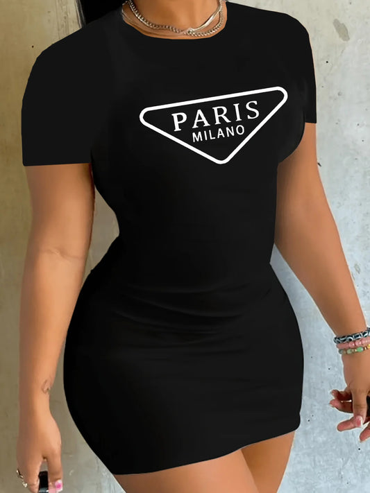 PARIS letter print casual slim fit short sleeved round neck T-shirt short mini dress