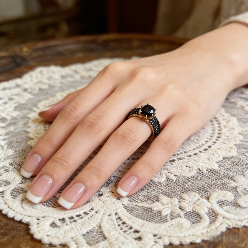 Luxury Gold Plated Black Stone Green Stone Engagement Ring Set