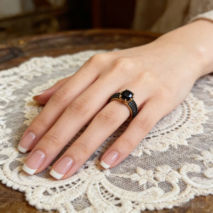 Luxury Gold Plated Black Stone Green Stone Engagement Ring Set