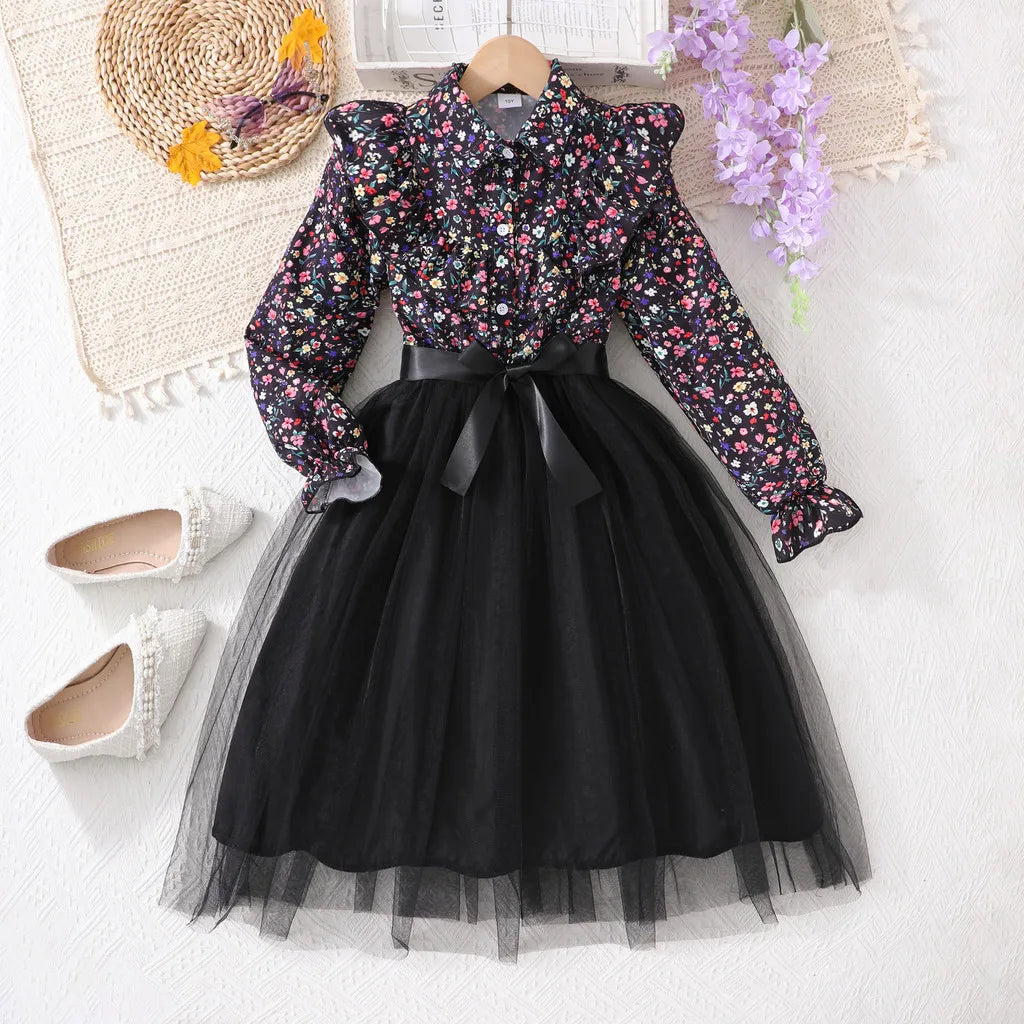 Black Long Sleeve Floral Gauze Belt Casual Elegant Teen Princess Dress