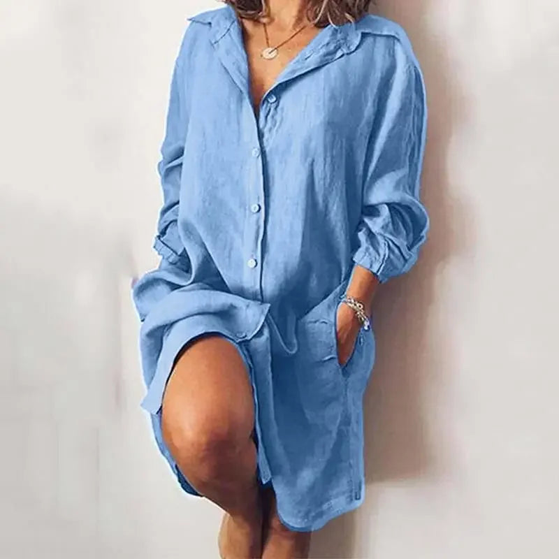 Elegant Cotton Commuting Style Flip Collar Single Breasted Dress