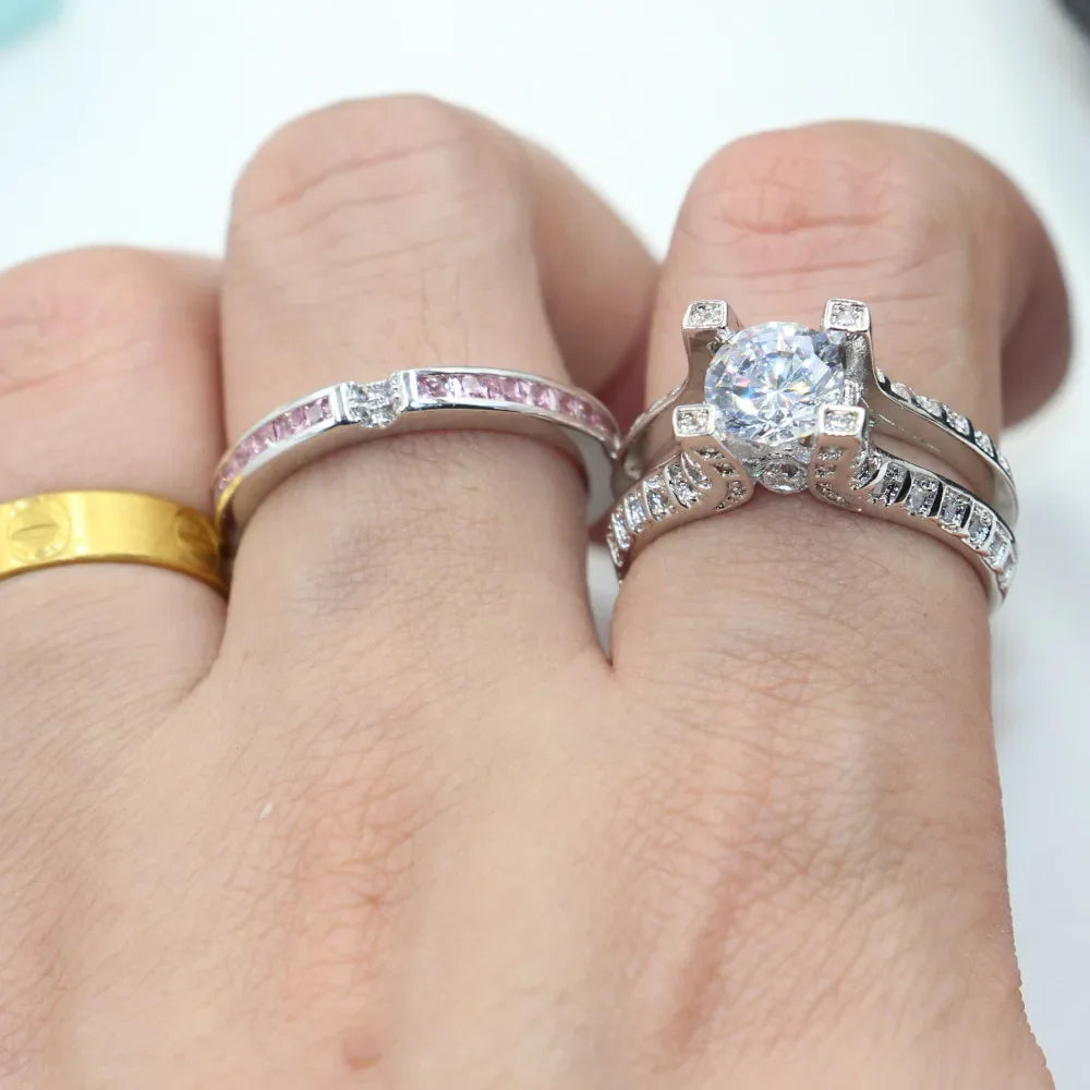 14K White Gold Vintage Lovers Grown Pink Diamond Ring Set
