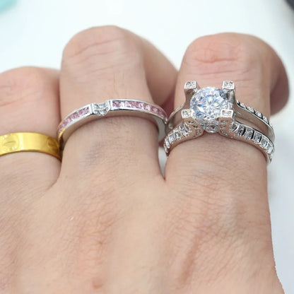 14K White Gold Vintage Lovers Grown Pink Diamond Ring Set