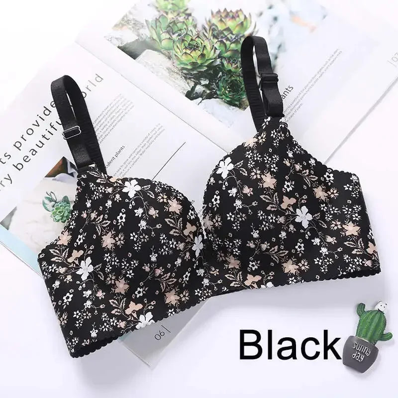 Sexy Lingerie Flower Print Gathered Bras Floral Push Up Seamless Bra Underwear