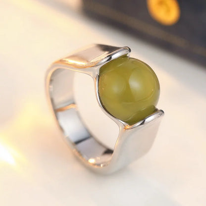 Inlaid Green Stone Aesthetic Silver Color Geometry Ring