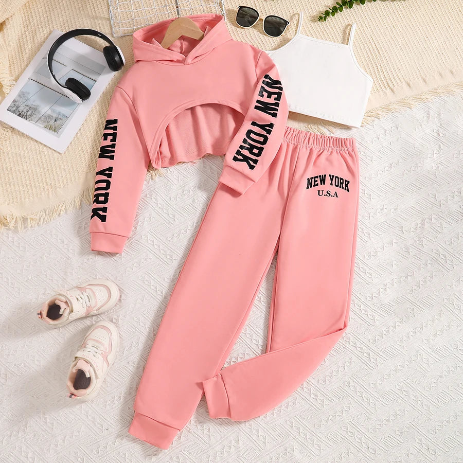 Spring and Autumn letter printed pink hooded sweatshirt+white vest+pink pants
