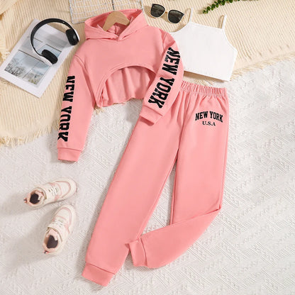 Spring and Autumn letter printed pink hooded sweatshirt+white vest+pink pants