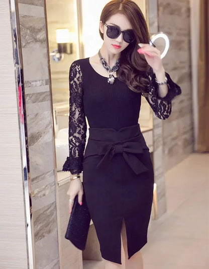 Knee Length High Waist Elegant Slit Bow Skirt