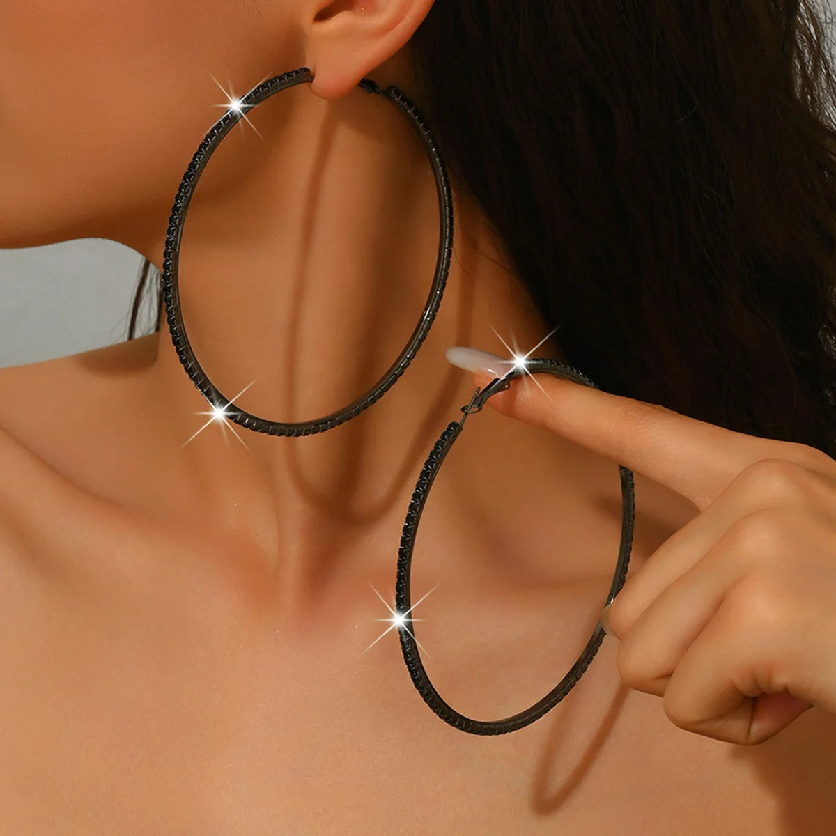 Rhinestones Shiny Crystal Big Round Hoop Earrings