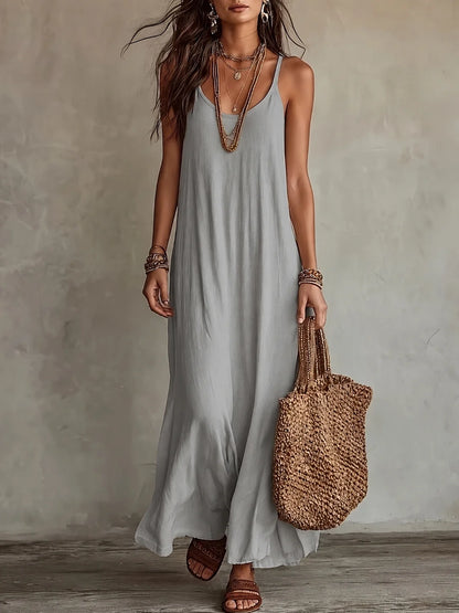 Loose Stain A-Line Long Dress with Thin Straps