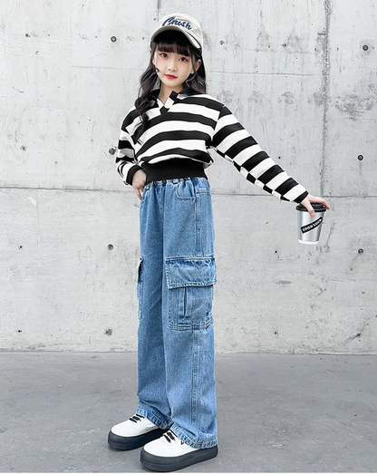 3-12 Years Girls Denim Pants Teenager Wide Leg Pants