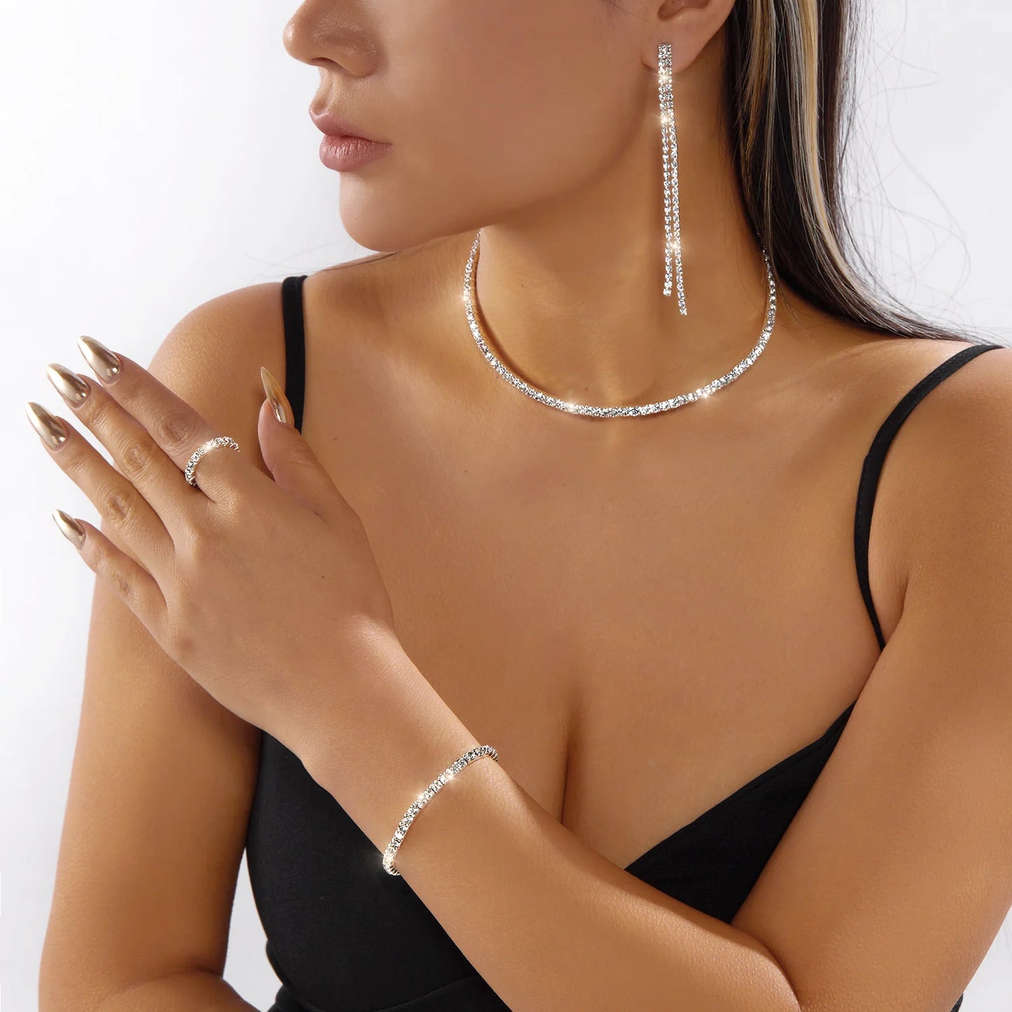 Double Layer Choker Necklace Full Rhinestone Cuff Set