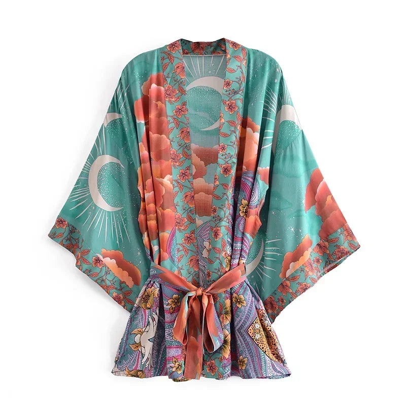 Boho Queens Vintage Star and Moon Floral Sashes Bohemian Short Robe