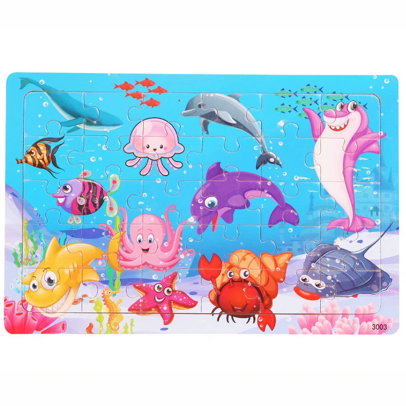 30 Pieces Wooden Jigsaw Puzzle Kids Cartoon Animal Puzzles Toys