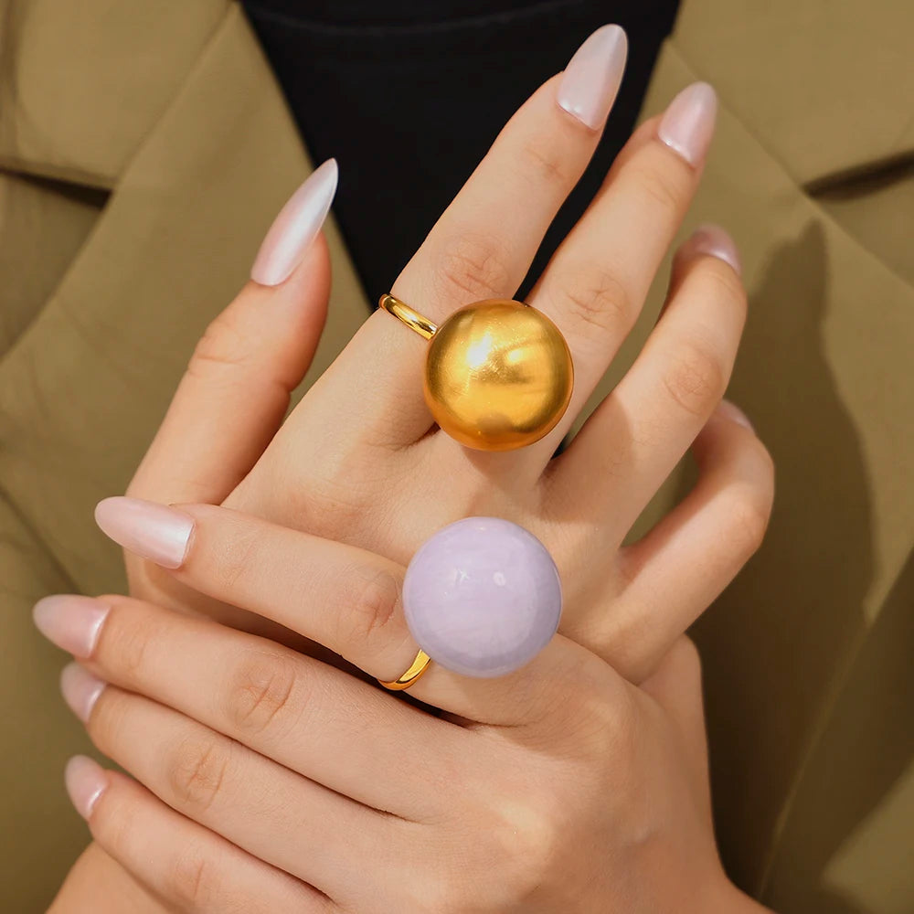 Exaggerate Big Ball Stainless Steel Gold Plated Purple Ring
