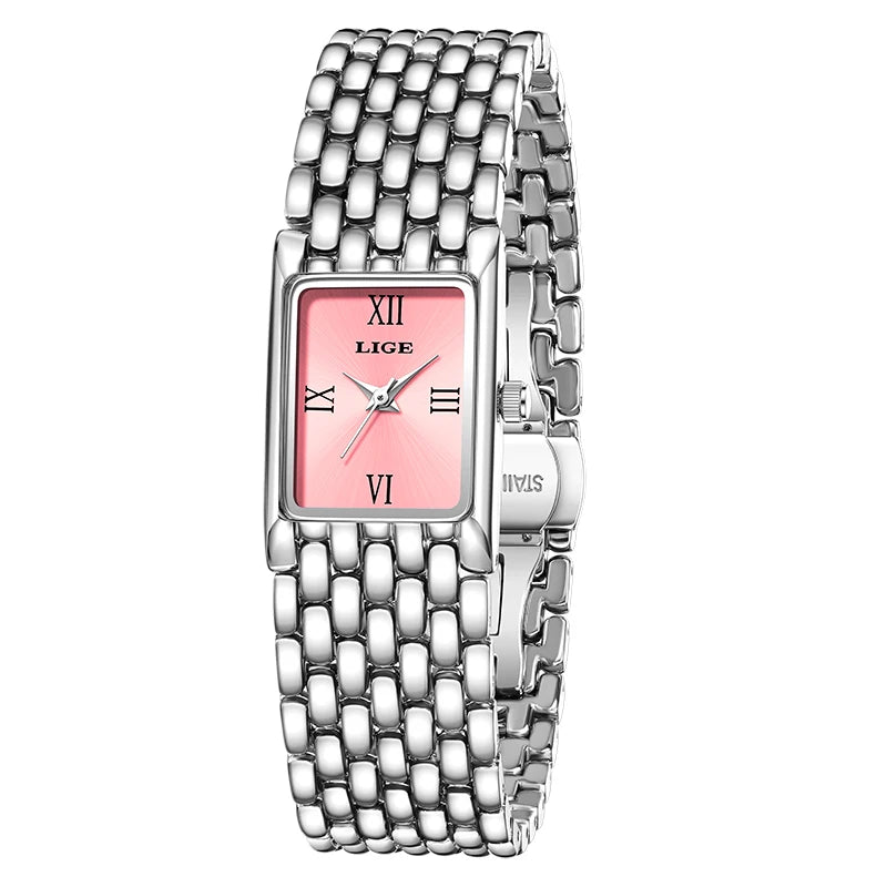 Quartz Silver Simple Square Luxury Stainless Steel Folding Wristwatch